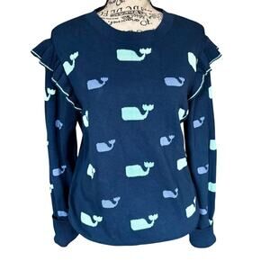 Vineyard Vines Size M Blue Ruffle Sleeve 100% Cotton Pullover Sweater Whales